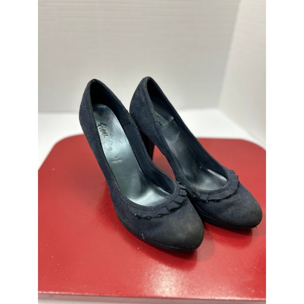 Fioni Ruffle Trim Pumps 6.5 Black Faux Suede Stiletto Heels Office Dark Academia